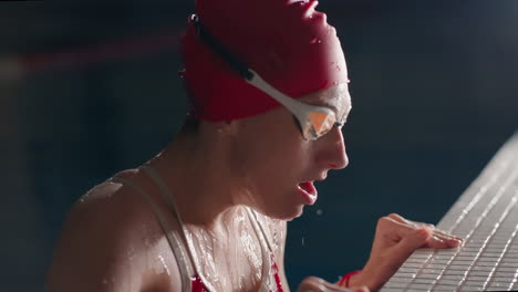 a female swimmer prepares to swim in a competition pool.