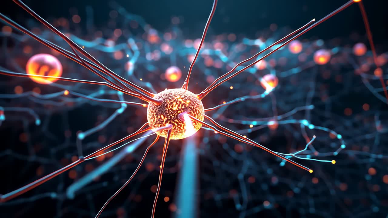 First pulse activating neuron sending impulses along filaments, showing synaptic activity in matrix