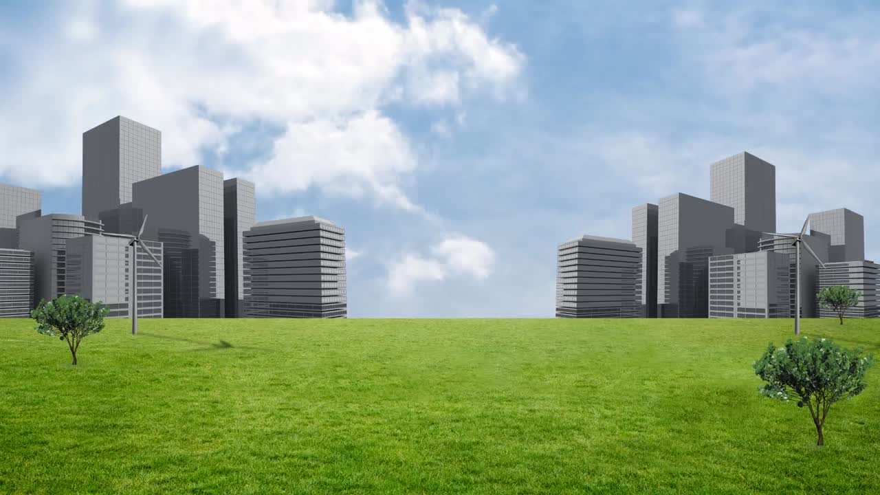 animación del paisaje urbano sobre el cielo con nubes