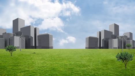 animation of cityscape over sky with clouds