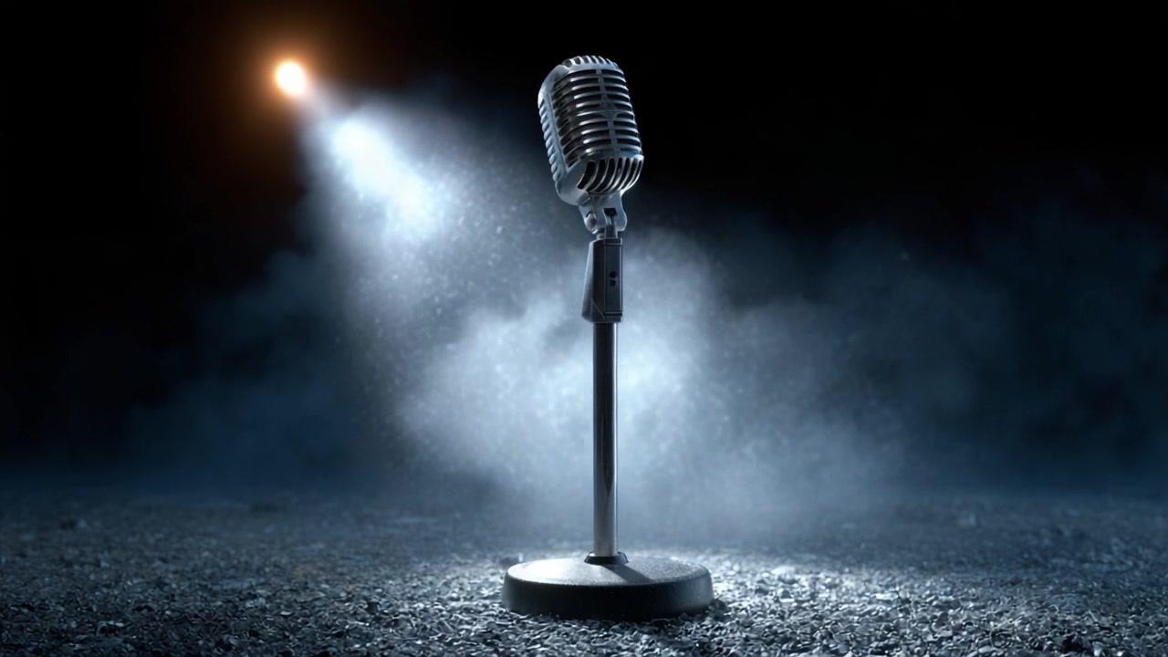 Un riflettore drammatico illumina un microfono vintage su uno sfondo scuro, evocando un senso di attesa e performance in uno spazio distante.