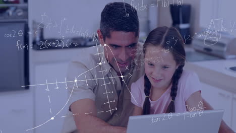 Mathematical-equations-and-graphs-animation-over-father-and-daughter-using-laptop