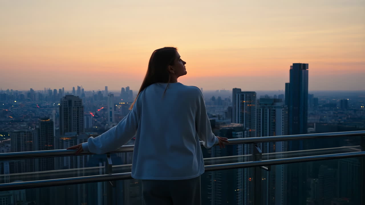 Woman admiring the city skyline from a balcony at sunset