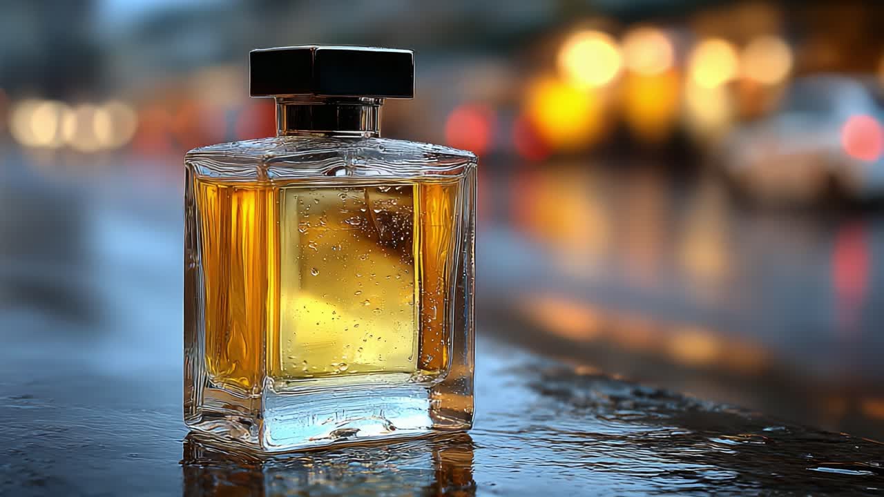 Un servizio accattivante di eleganza: primo piano di un flacone di profumo di lusso scintillante di gocce di rugiada su uno sfondo sfocato di luci soffuse