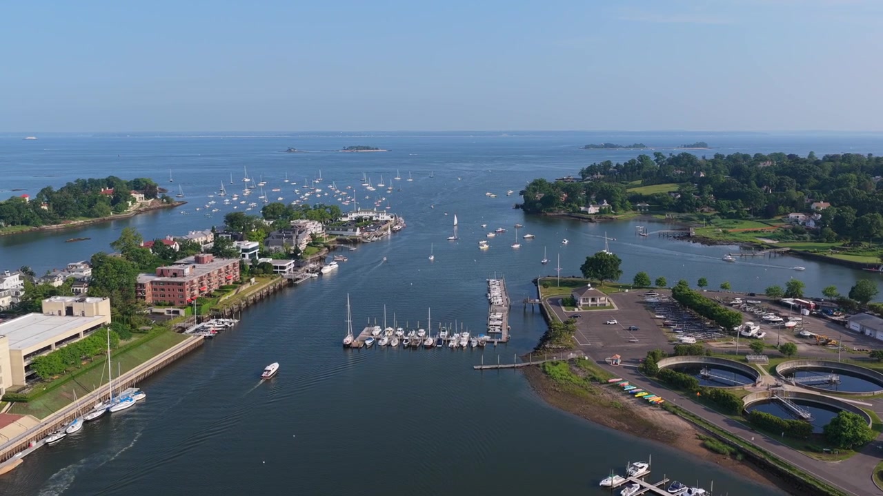 Greenwich Harbor, High Aerial Drone shot, Greenwich, CT