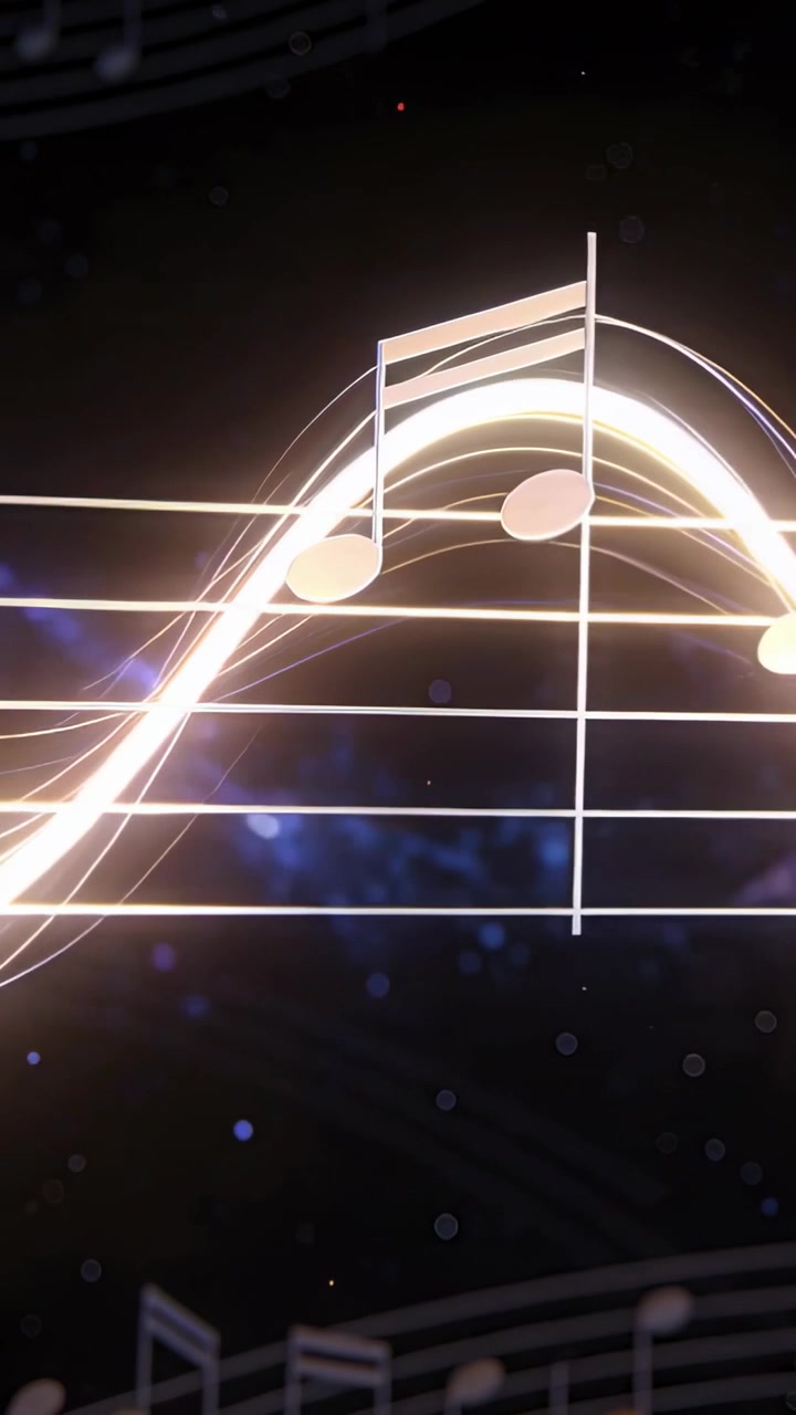Vertical video: On play, glowing 5-line staff wave sweeping right on dark space, showing oval notes