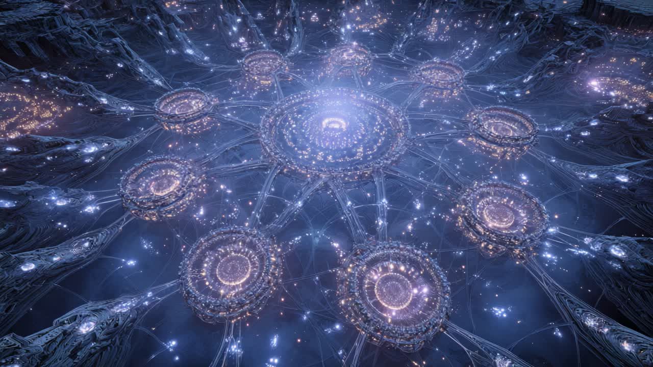 Expansive view of a futuristic alien civilization's mega structure, featuring intricate, glowing circular platforms interconnected by a vast, pulsating network of energy and light particles