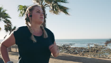 plus size woman running, music