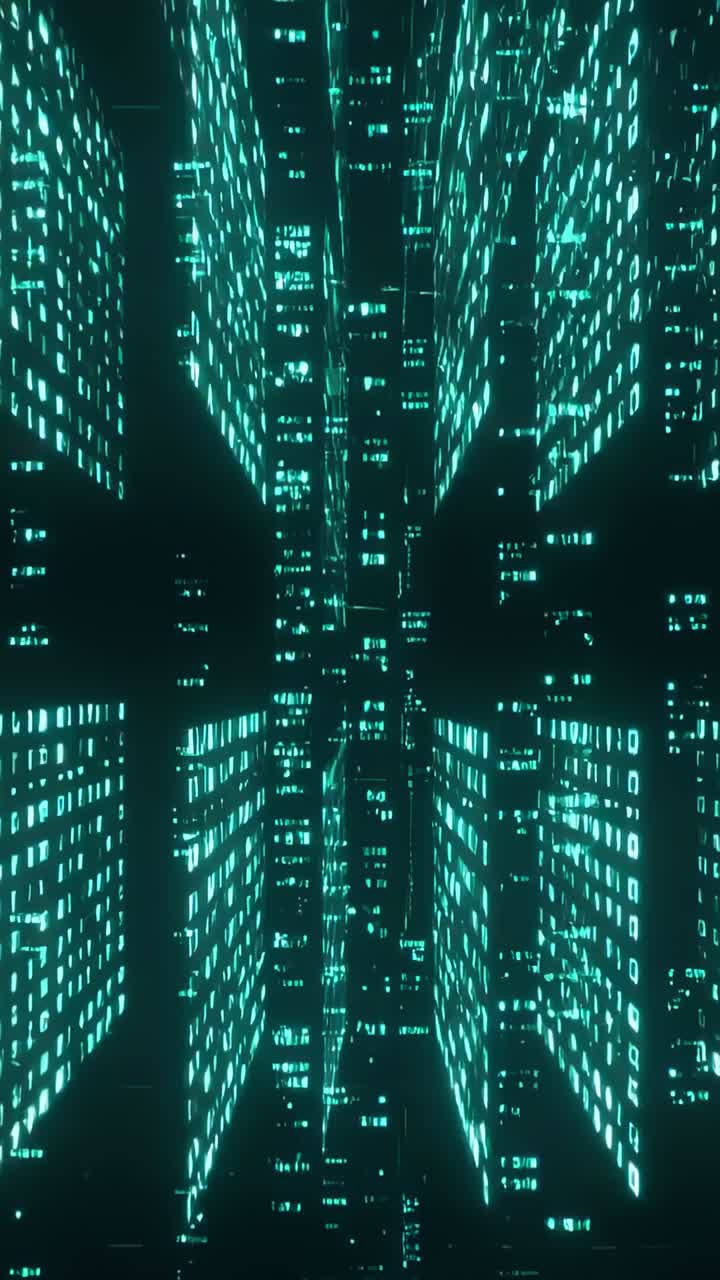 Vertical video: Motion starting camera gliding through neon corridor, showing teal panels and depth