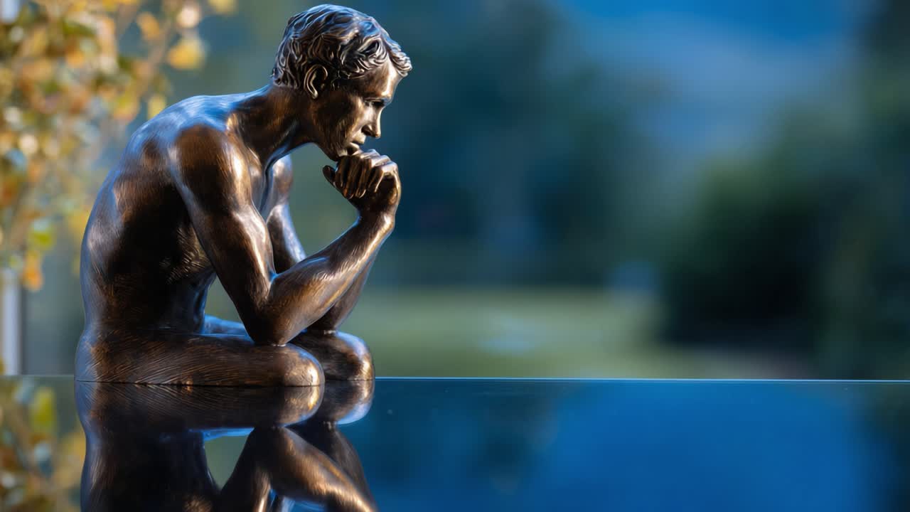 A Reflective Bronze Sculpture Depicting a Contemplative Figure with Poised Posture Featuring Intricate Details and a Smooth Surface Against a Soft Background