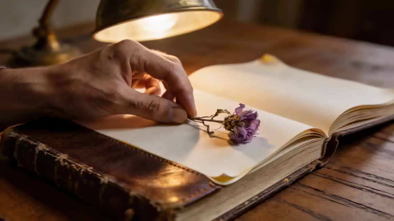 Høyre hånd strekker seg for å plassere og feste en tørket lilla blomst på en bok i en krok under en lampe.
