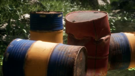 Rusty-barrels-in-green-forest