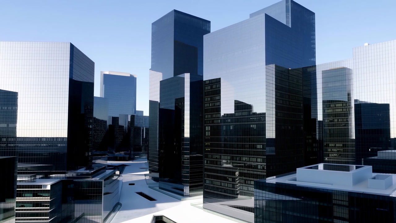 Aerial View Futuristic Glass Skyscrapers Sunrise, Reflective Facades And Geometric Rooftops, Corporate Plaza,