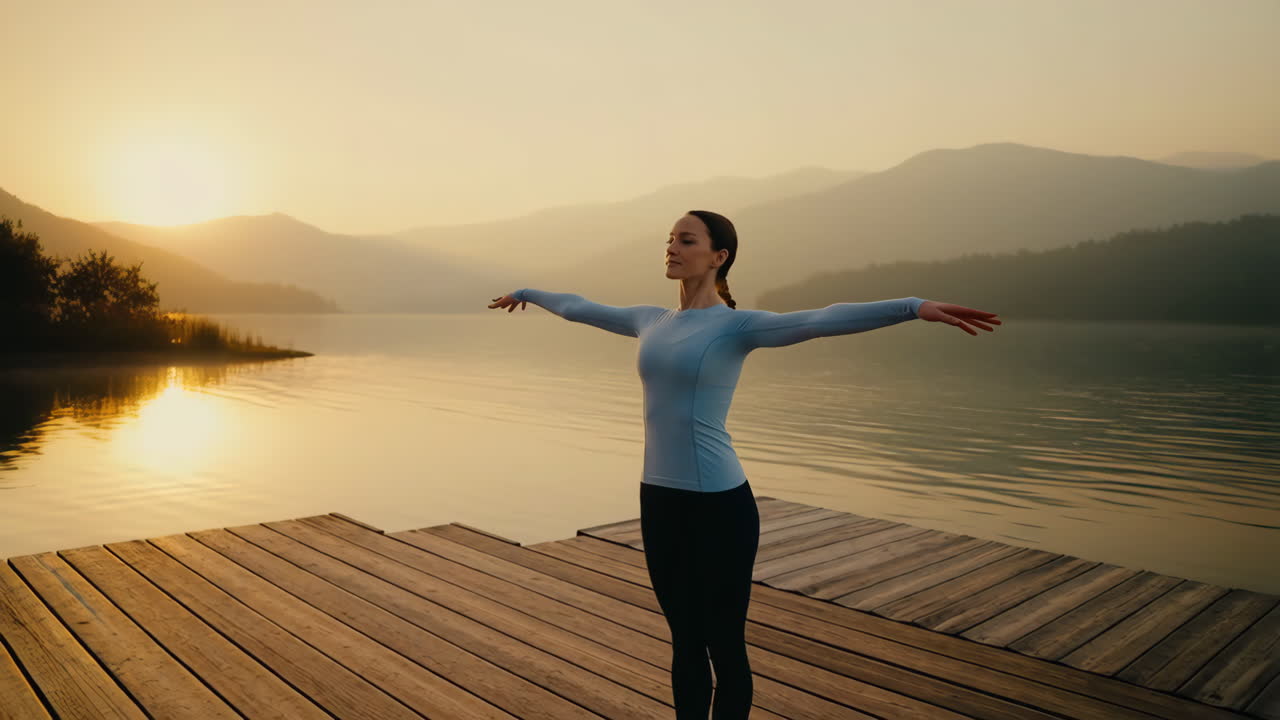 Woman practicing yoga or meditation on a lakeside dock at sunrise