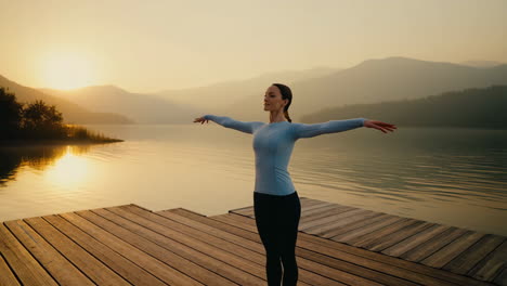 woman practicing yoga or meditation on a lakeside dock at sunrise
