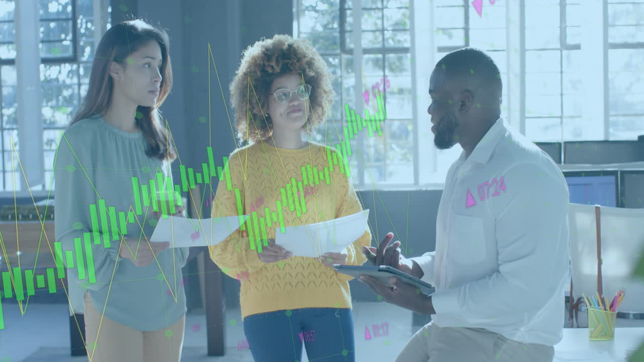 Data processing and green graph over diverse colleagues discussing at casual office meeting