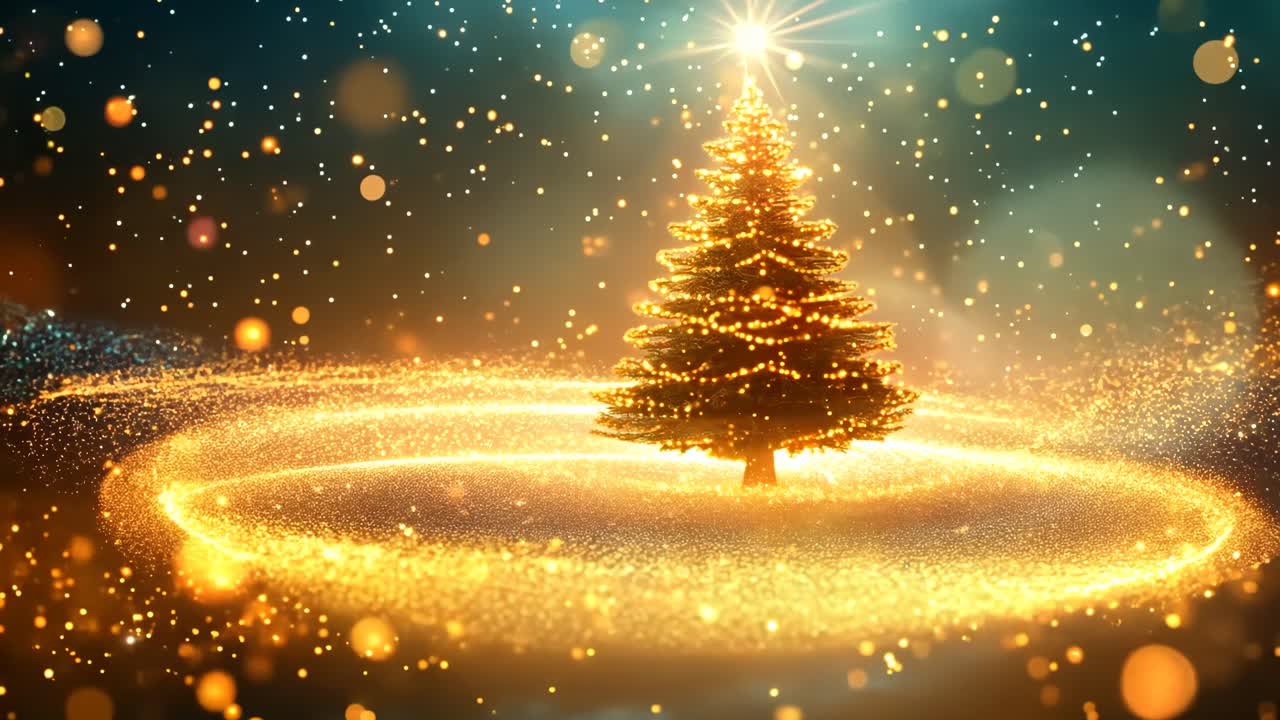 A Christmas tree is lit up in a snowy landscape. The scene is warm and inviting, with the tree standing out against the white snow