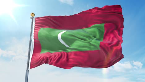 maldives flag waving in the wind against deep blue sky. national theme, international concept. 3d render seamless loop 4k