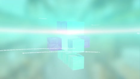 animación de lenguaje de programación flotante con destello de lente sobre cubos de rompecabezas.