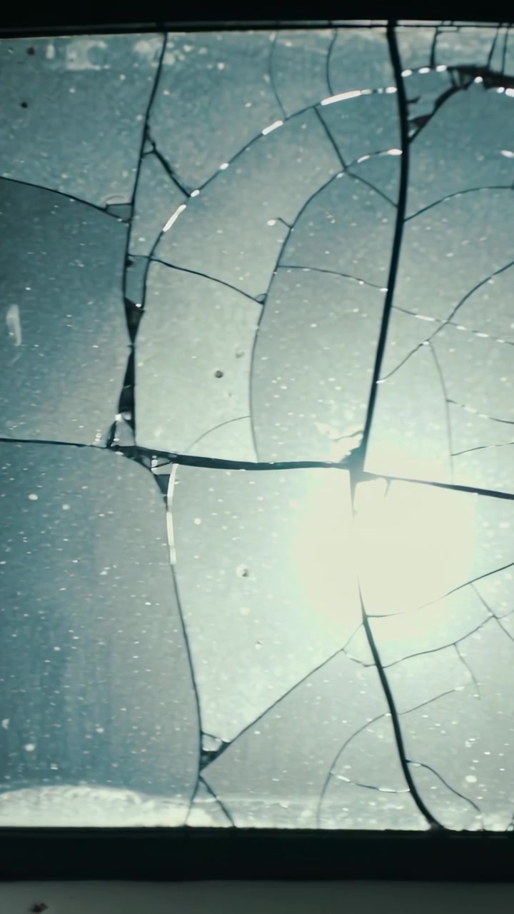 Vertical video: Cracking dark glass pane in frame starting right edge, spreading webbing with glare