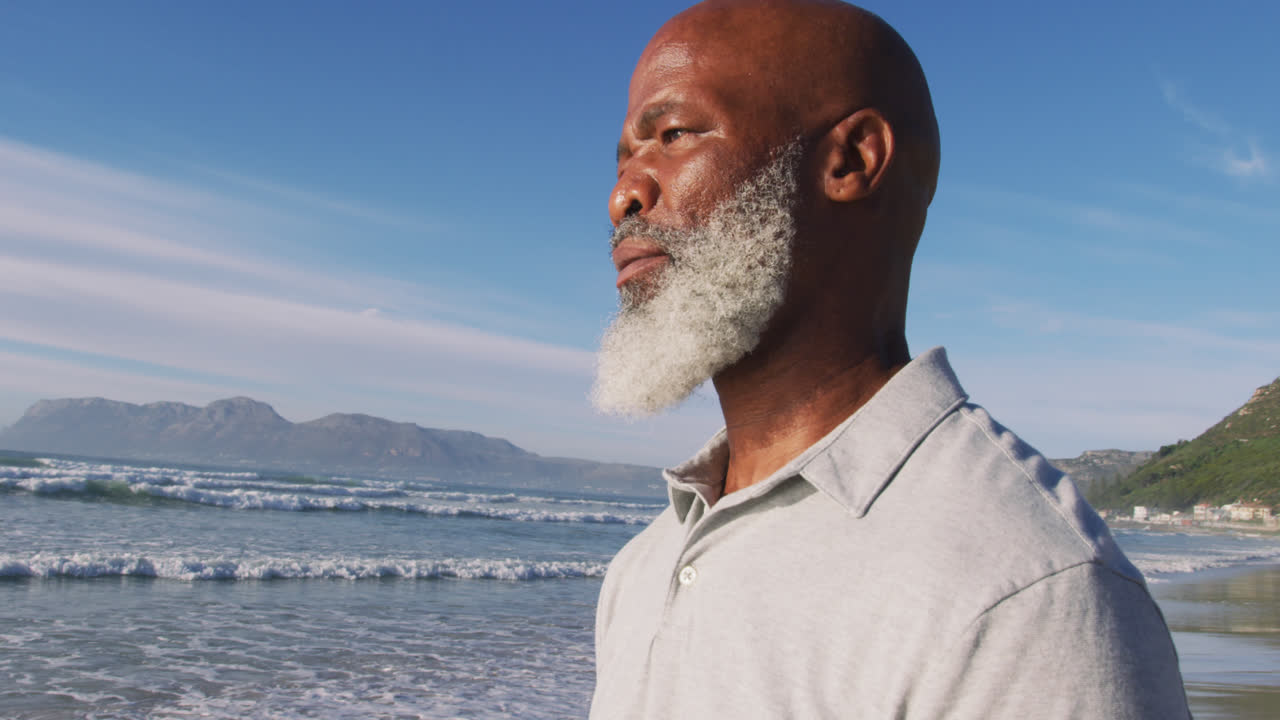 Senior african american man standing at the beach, admiring the view