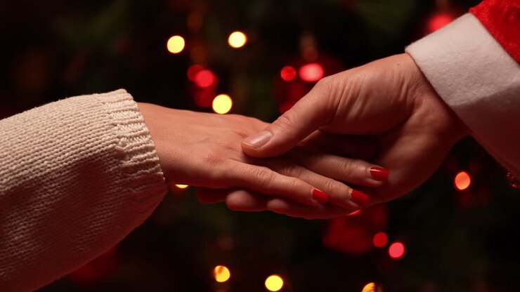 Man and woman touching hands on Christmas eve