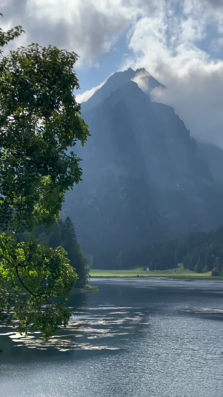 Pegunungan Alpen Glarus diselimuti kabut Danau Obersee Swiss pemandangan alam luar, gulungan format video vertikal