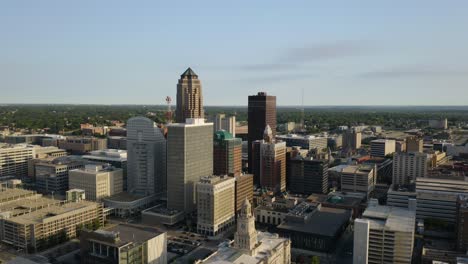 wide aerial shot flying away from des moines skyscrapers