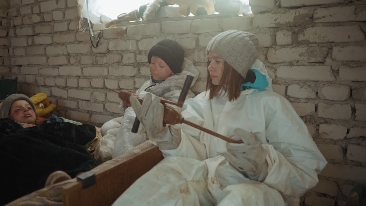 Woman in protective suit inspects rusted tool beside malnourished children resting in cold brick shelter, kids wear wool hats, show visible signs of fatigue and hunger