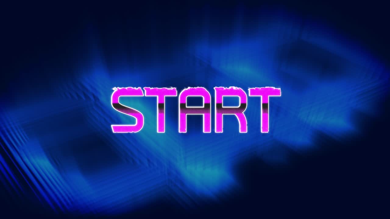 Animation of start text over blue neon beams on digital interface of video game