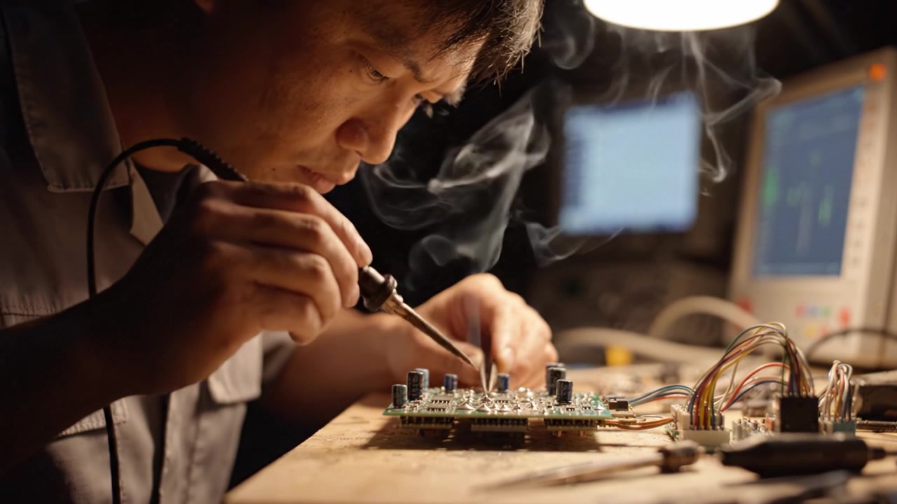 A focused technician soldering electronic components on a circuit board, demonstrating precision and craftsmanship in intricate electronics repair.