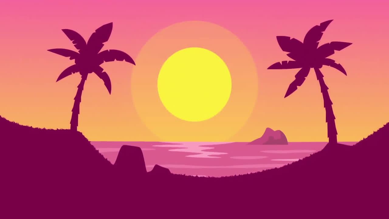 animación de palmeras en la isla sobre el sol