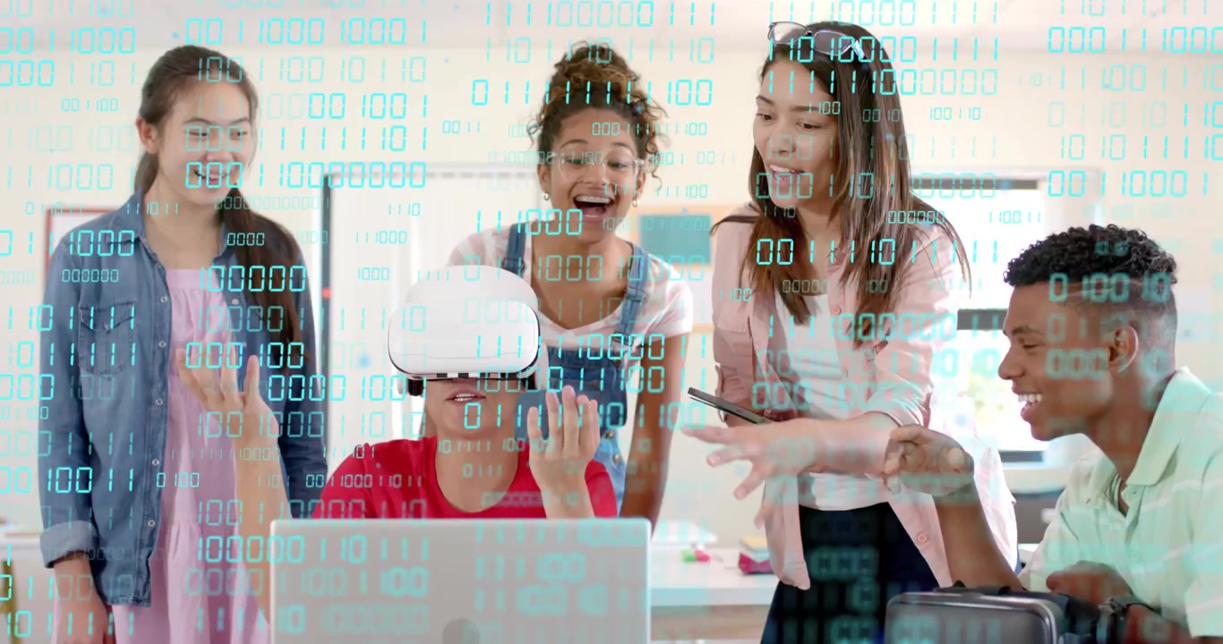 Teenage girl slipping on VR headset in class, classmates pointing at binary overlay for education