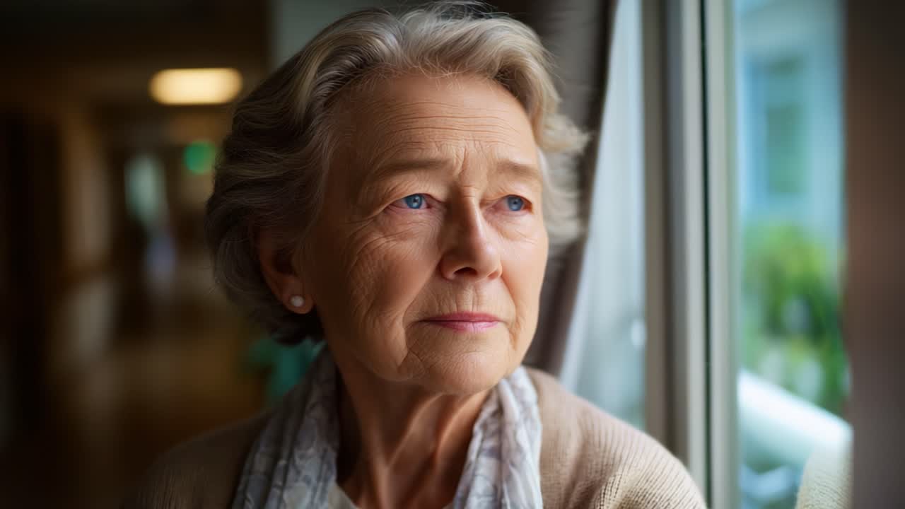 Reflective Senior Woman Gazing Out Window Contemplating Life's Moments, Embracing Serenity and Joy in a Warm, Inviting Atmosphere of Resilience and Wisdom