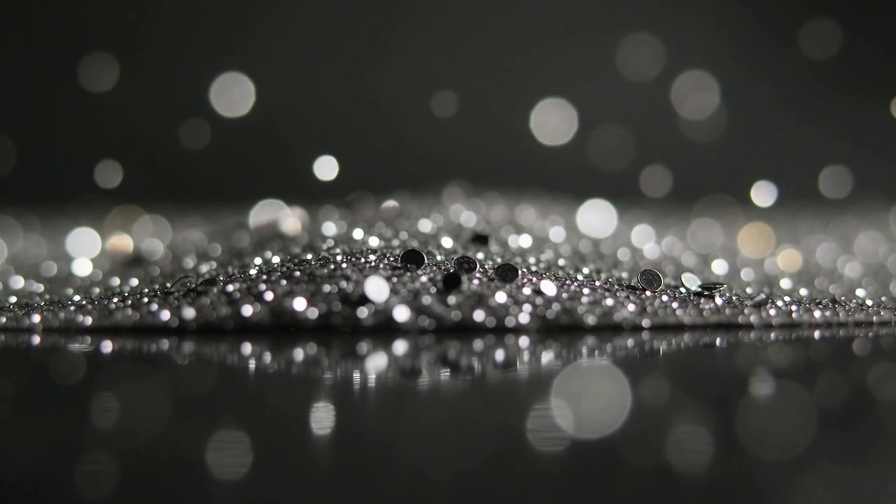 Riflessi di un gruppo di perline scintillanti su una scrivania da studio, con luce e messa a fuoco variabili che creano un morbido effetto bokeh