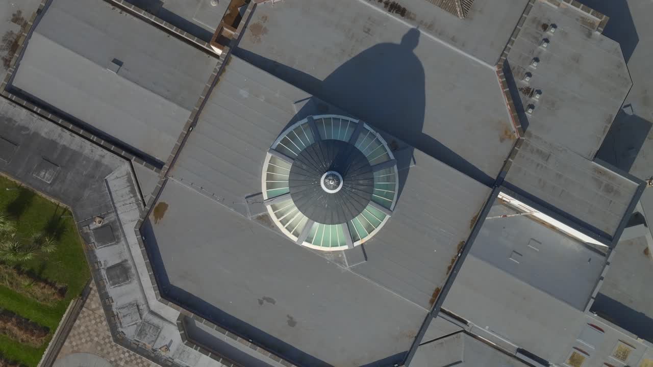 Marine Hall roof dome top down view with twisting rise and seagull. Lancashire, UK.