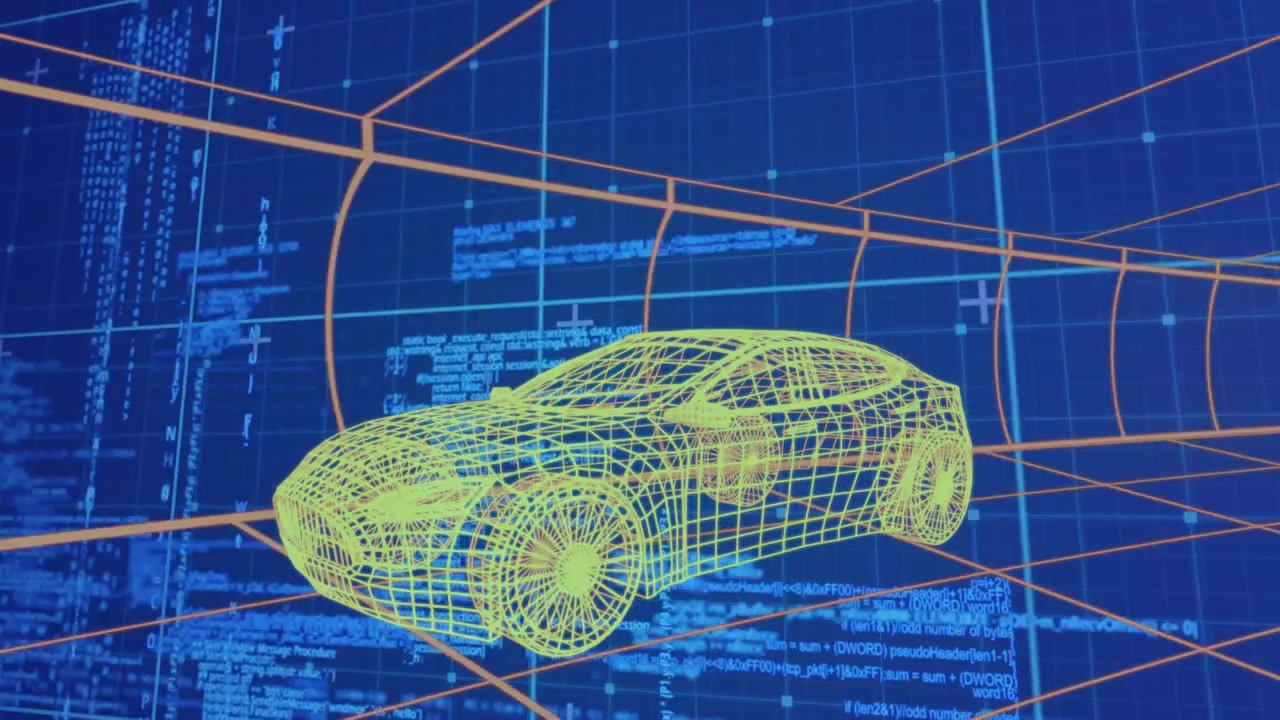 Animation of 3d car drawing driving with data processing over grid