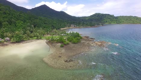 aerial dolly shot of tropical island coastline with mangroves,palm trees and beach with jungle mountains in the background