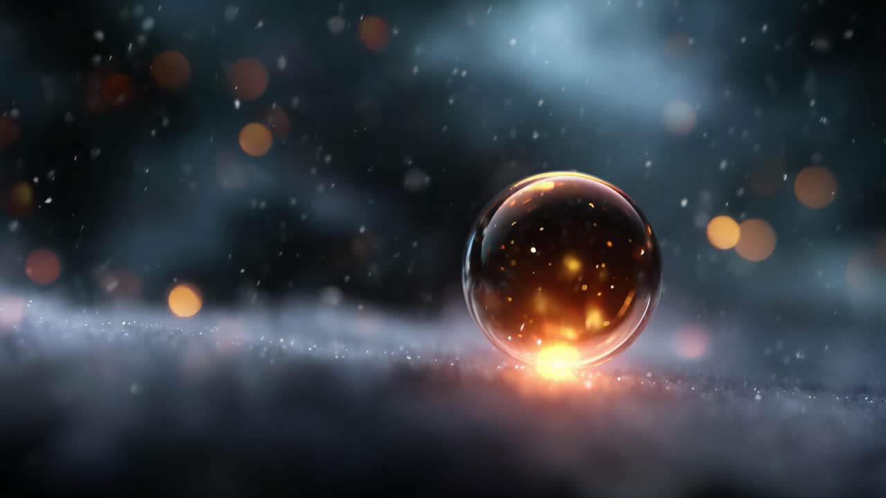Eine fesselnde Nahaufnahme einer leuchtenden Kugel, die Licht vor einem verträumten Hintergrund reflektiert und eine bezaubernde Atmosphäre voller funkelnder Elemente und Tiefe schafft.