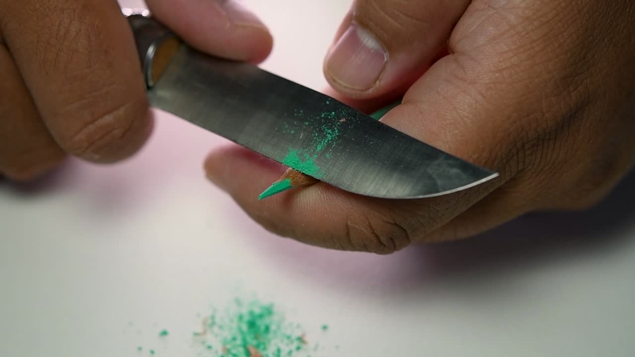 Footage of hands slowly sharpening a pencil and some coloured pencils with a sharp knife