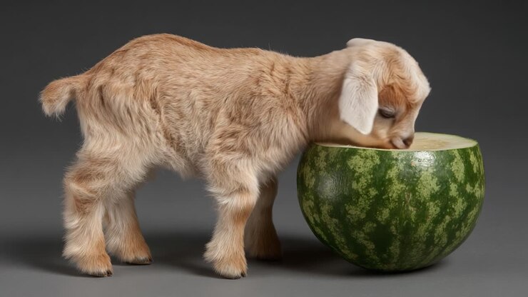 Ein süßes Ziegenbaby, das neugierig eine halbe Wassermelone bei einem Fotoshooting erkundet und die verspielte Natur junger Tiere mit frischen Produkten zeigt