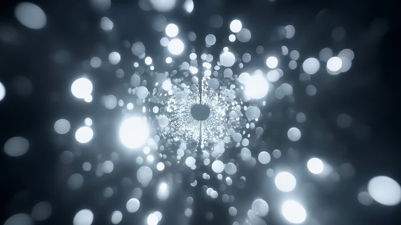 Tunnel s’ouvrant et révélant un mouvement vers l’avant dans un studio sombre, montrant des disques bokeh, un vide au centre et une fine tige