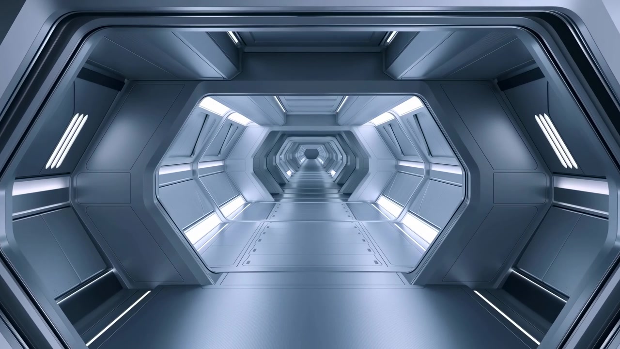 Spaceship interior no visible action, in interior of a futuristic spaceship, with hatches, light panels, structural beams, from a static looking down the corridor perspective, with gray, blue accents.