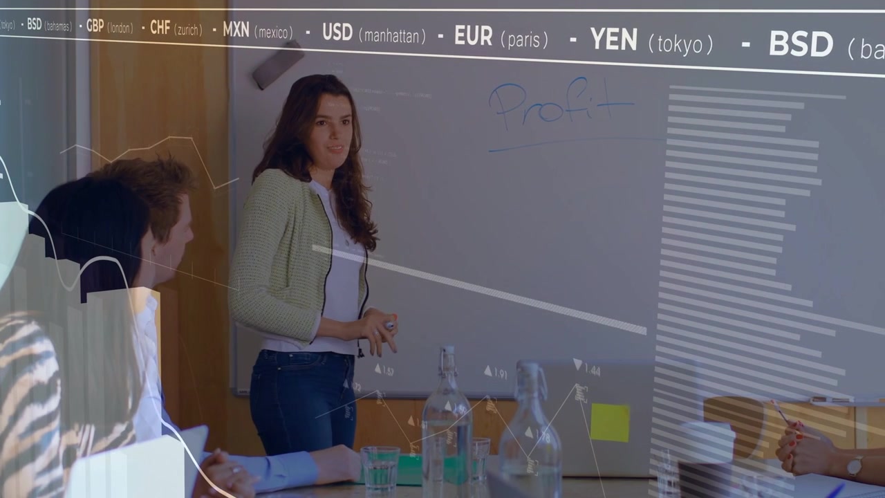Woman presenting on board, turning to team and explaining finance as charts animating over screens