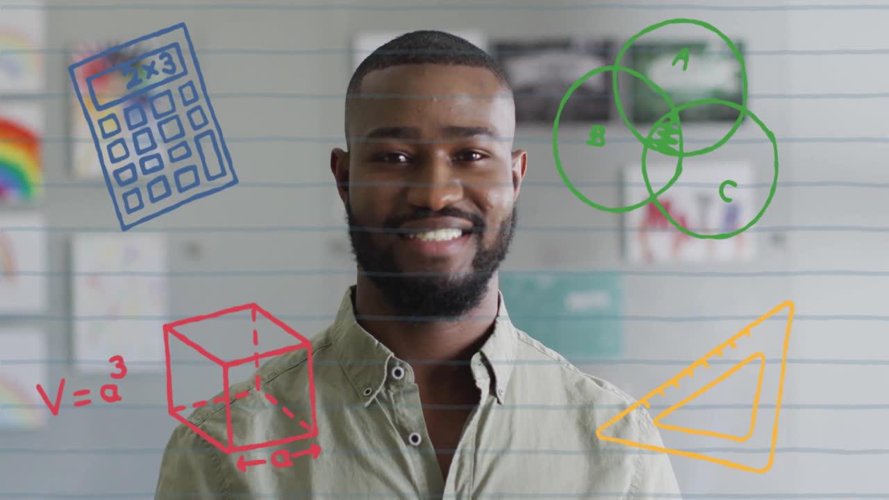 Animation of school items icons over biracial male teacher in classroom