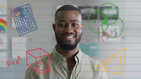 animation of school items icons over biracial male teacher in classroom