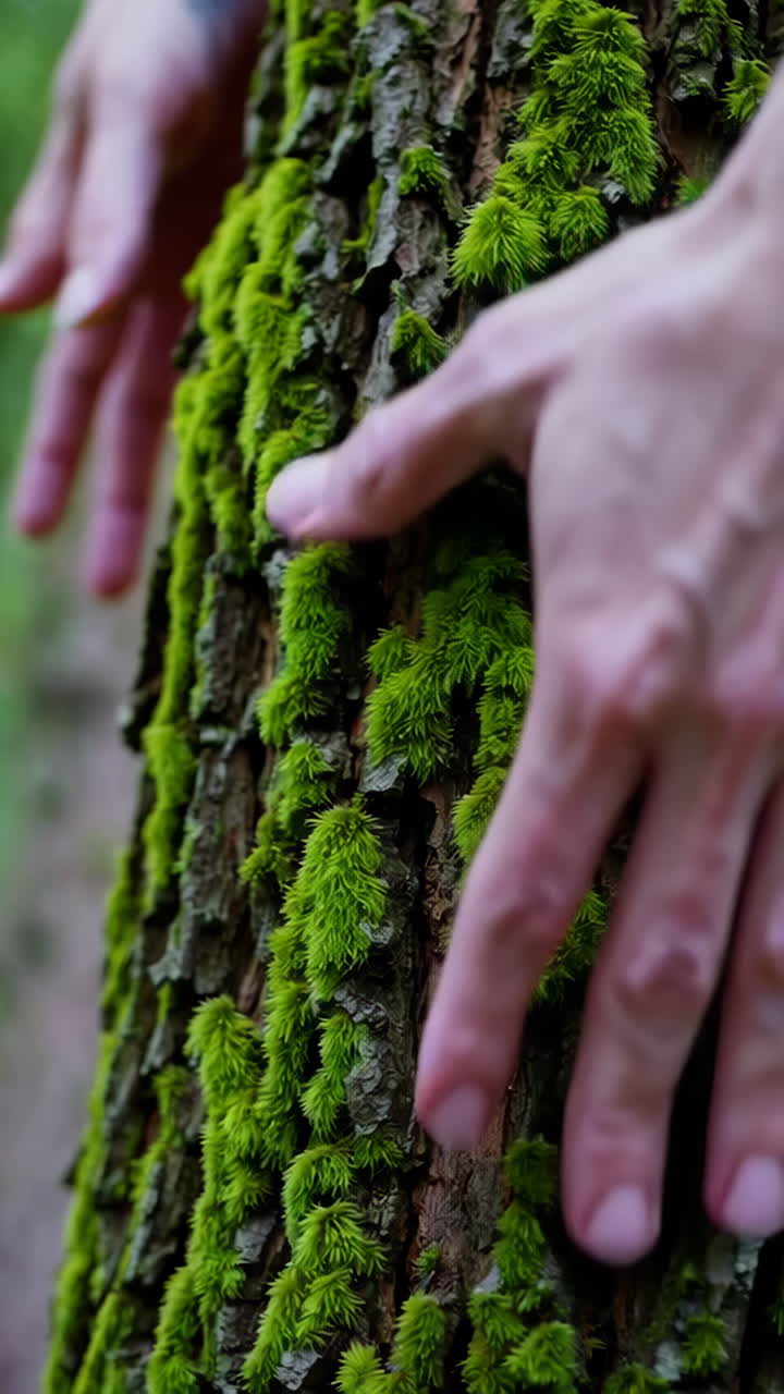 Hands Touching Moss-Covered Tree Trunk
