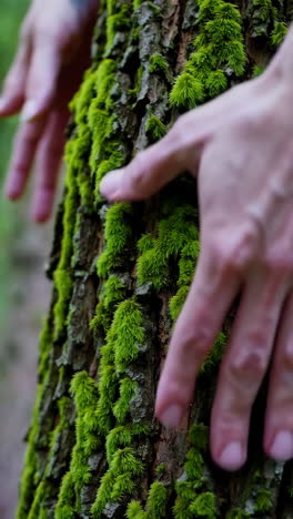 hands touching moss-covered tree trunk