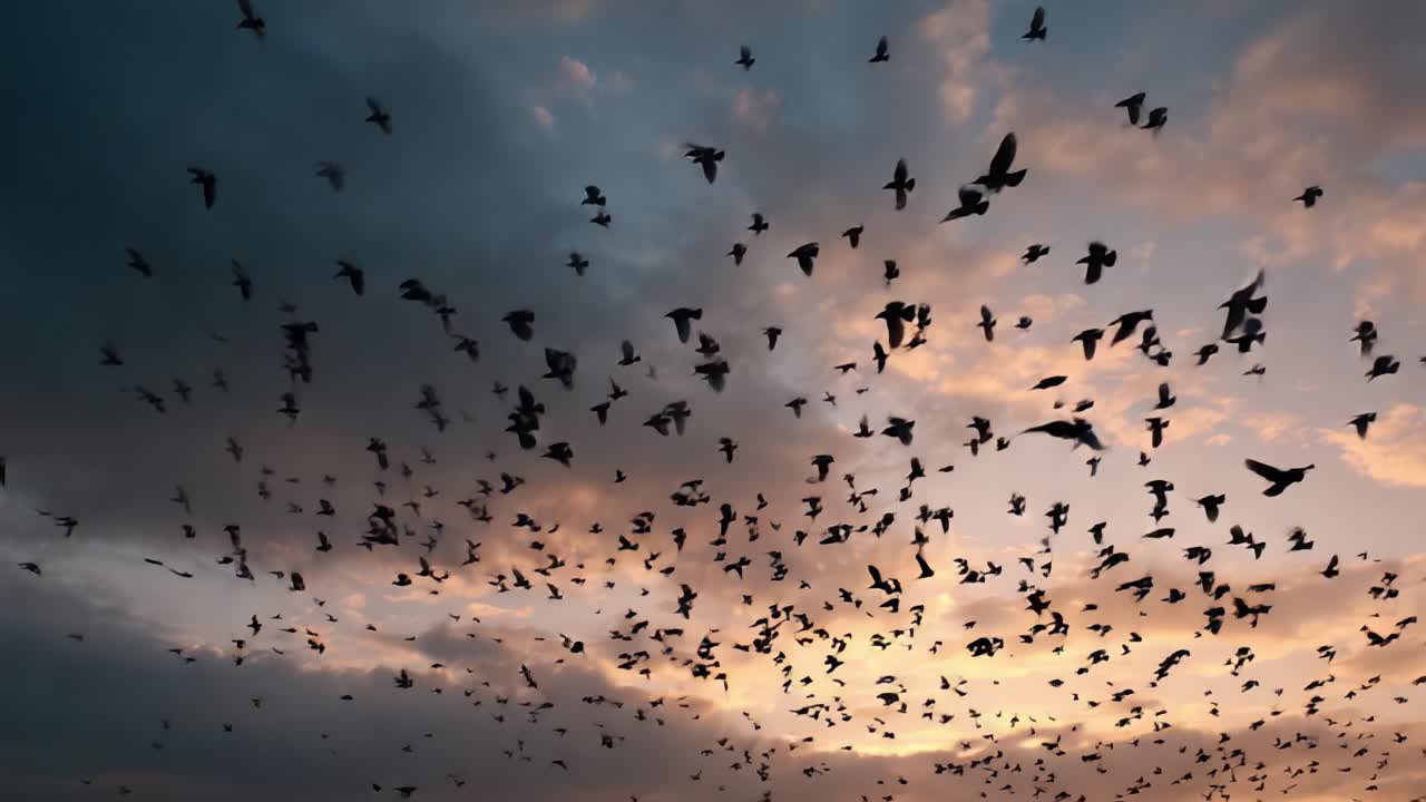 A mesmerizing spectacle of countless birds soaring through the sky at twilight, creating an enchanting silhouette against a vibrant sunset backdrop that captivates the viewer's gaze