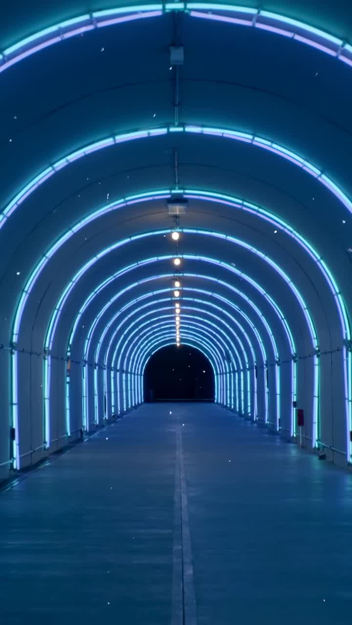 Tunnel moderno con luci al neon blu e viola luminose